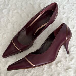 FURLA Leather Pointed Toe Kitten Heel Pumps in Burgundy